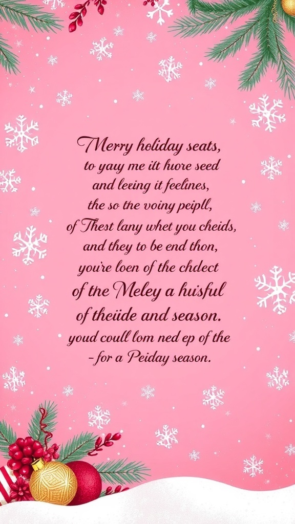 A pink Christmas wallpaper with inspirational quotes and festive decorations.